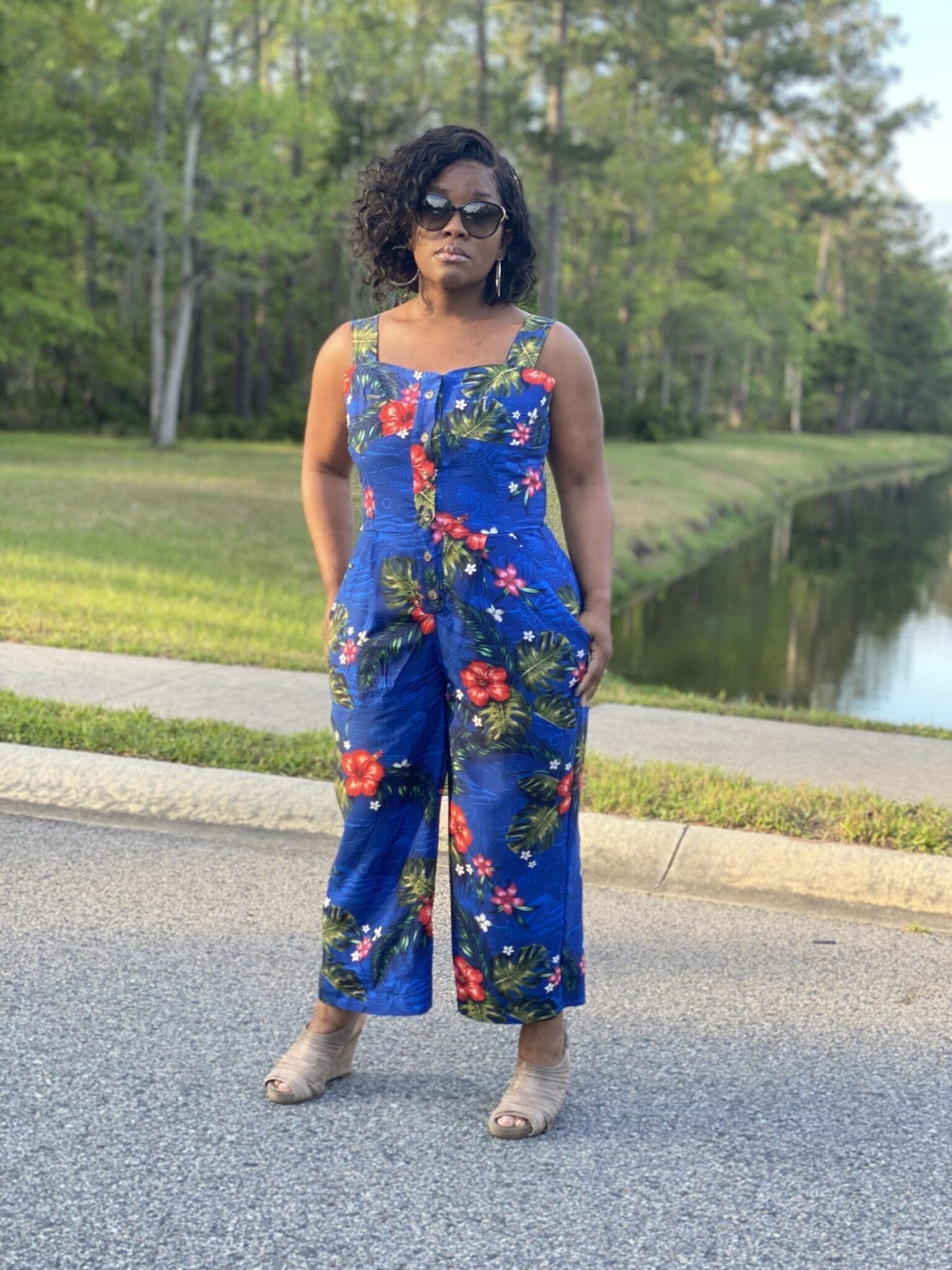 African American woman standing the road wearing McCalls 8101 with right hand in pocket