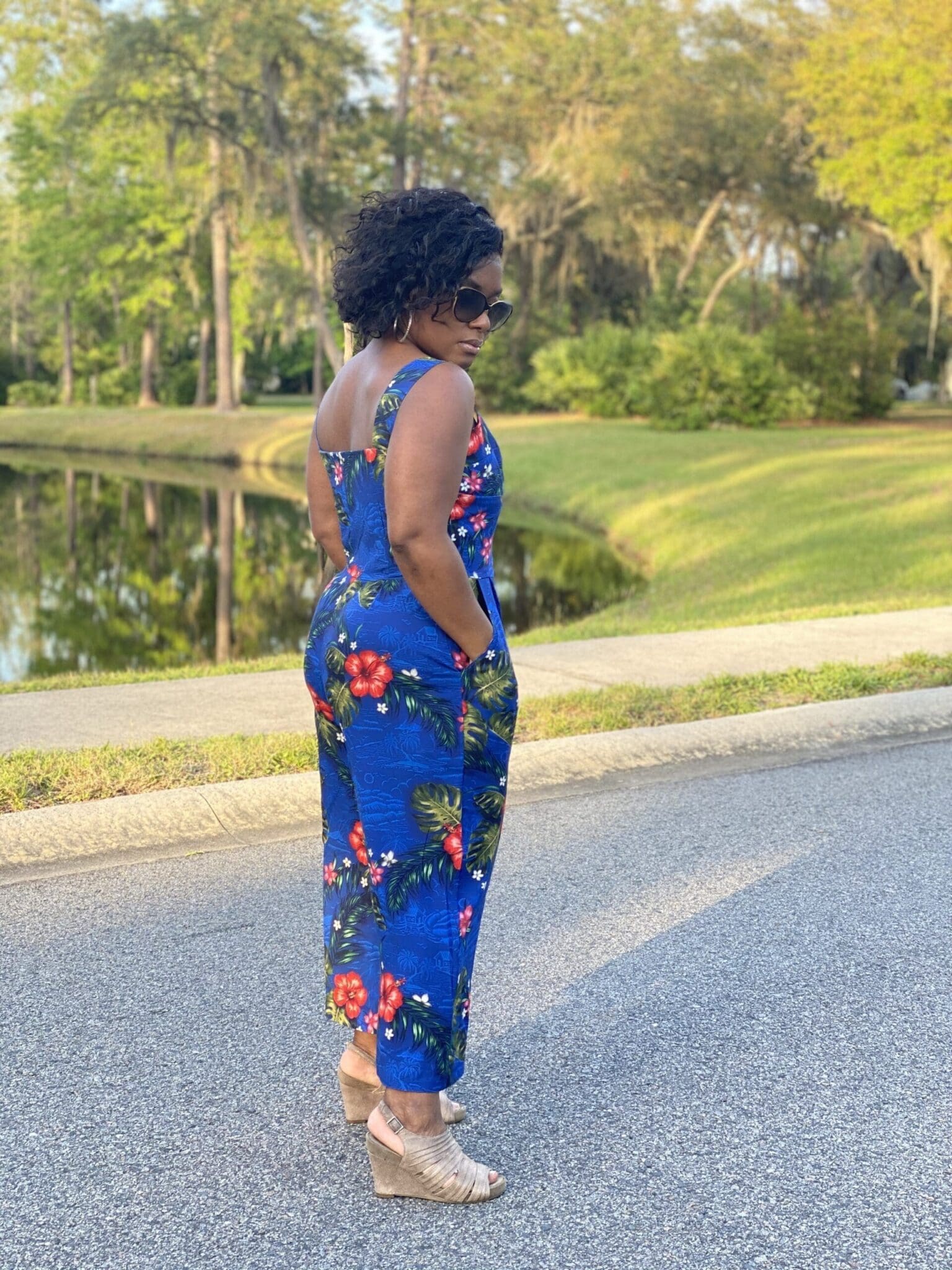 African American woman standing the road wearing McCalls 8101