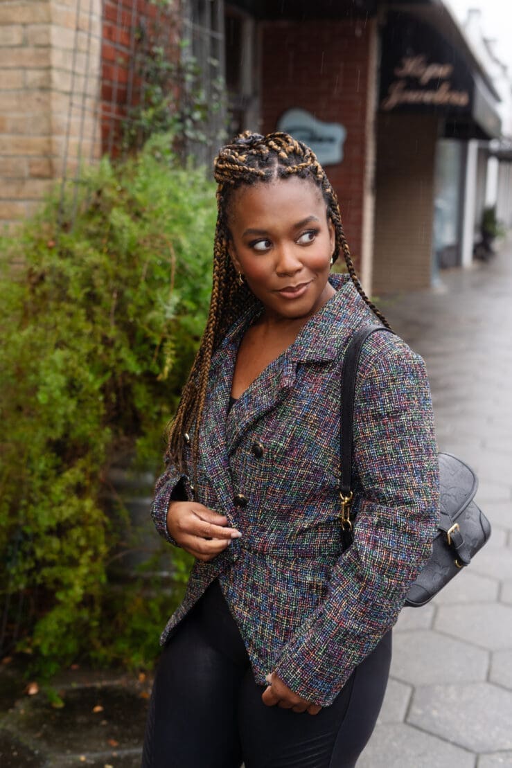 Sewing For My Sanity African American Woman walking in McCalls 8155 tweed jacket