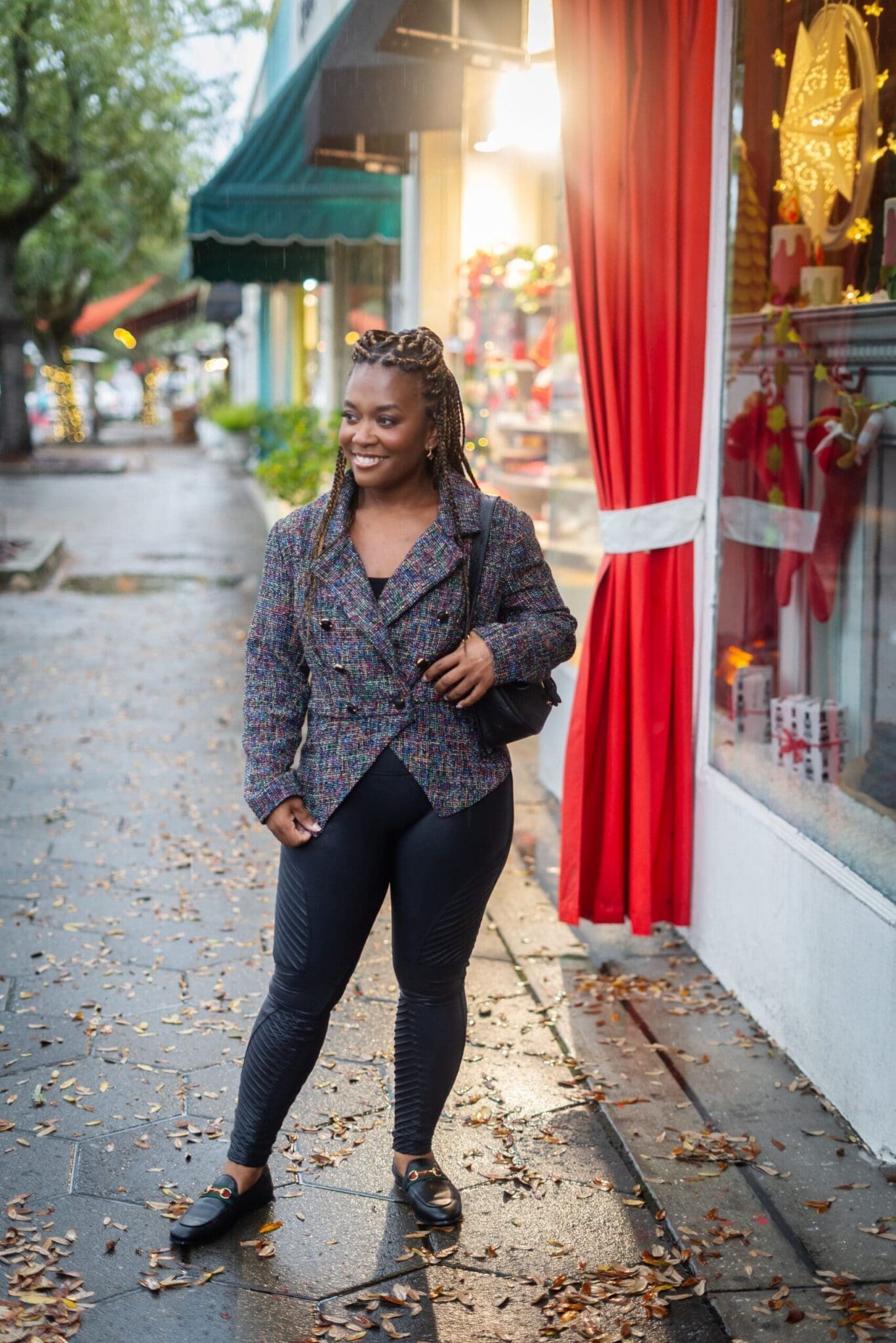 Sewing For My Sanity African American Woman walking in McCalls 8155 tweed jacket