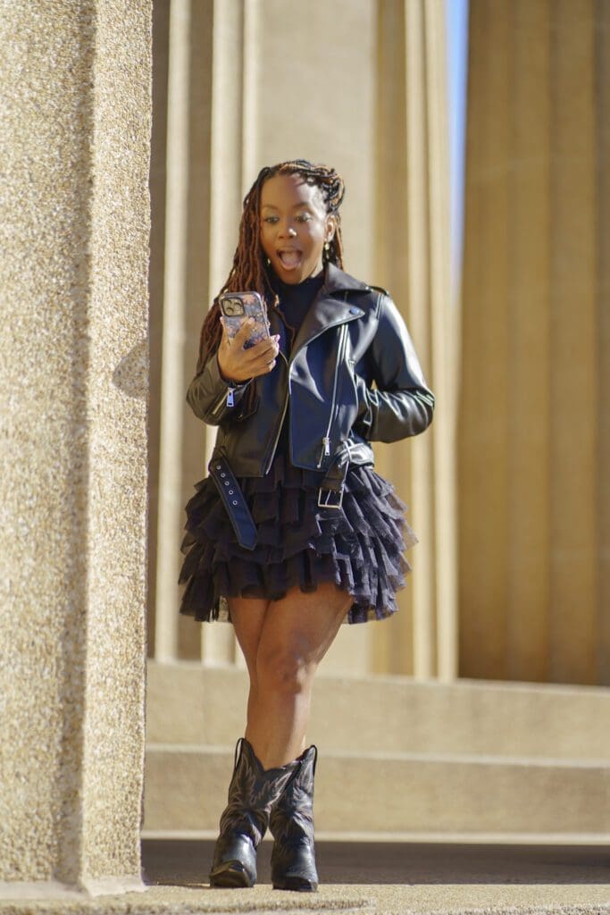 sewing for my sanity faux leather jacket and tulle skirt on phone