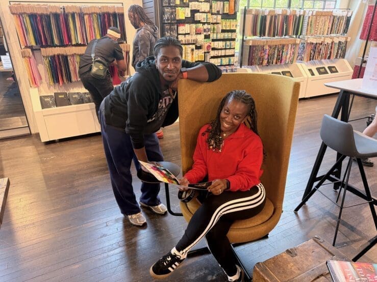 Sewing For My Sanity Creative Director networking with Project Runway designer Zayden Skipper at the Mood Fabrics Atlanta showroom in Ponce City Market